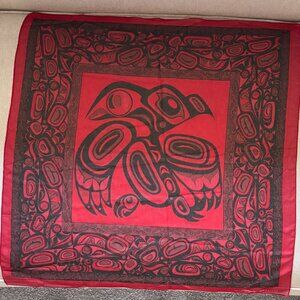 Vintage Jocelyne Wauge Native American Print Scarf Red and Black Raven